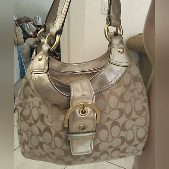 Coach Handbags - COACH Gold & Tan Designer Bag MONOGRAM W/ LG. BELT LAVENDER INT. APPX 12/9.5/4.5